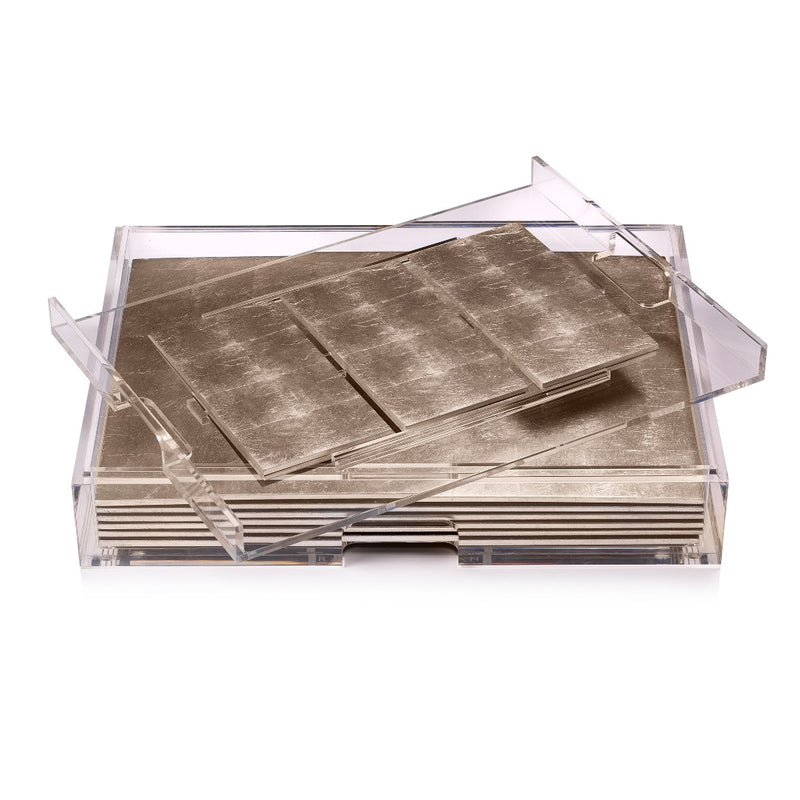Grand Matbox with champagne silver leaf placemats and coasters showing coasters.