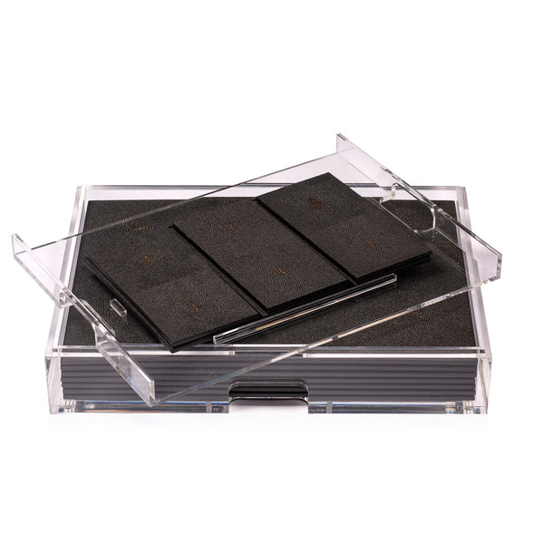 Grand Matbox with chocolate faux shagreen placemats and coasters showing coasters.