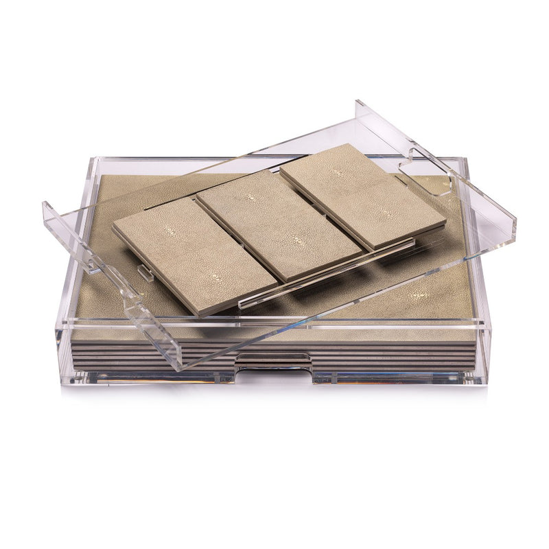 Grand Matbox with faux shagreen placemats and coasters in natural finish showing coasters.