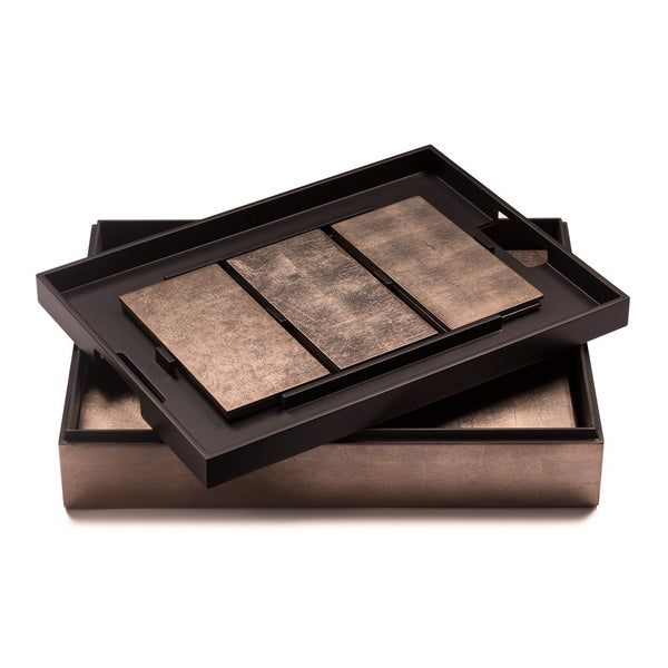 Grand Matbox with taupe silver leaf placemats and coasters showing coasters.