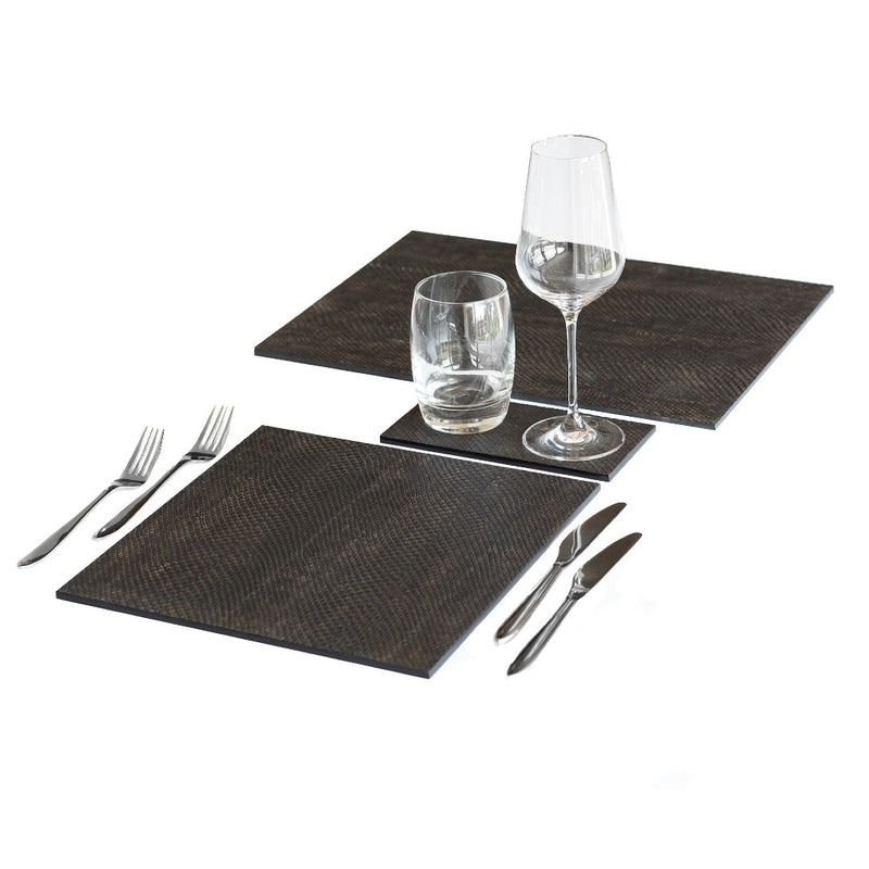 Charcoal faux boa placemat with textured finish in dark brown and grey with matching coasters.