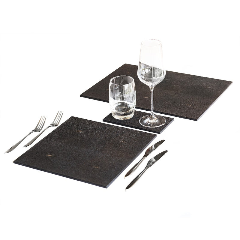 Chocolate brown faux shagreen placemat with hand-polished finish with matching coasters.