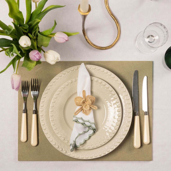 Natural faux shagreen placemat with hand-polished finish styled on spring luxe tablescape.