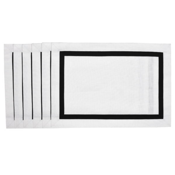White cotton placemat with black stripe border by Roseberry Home.