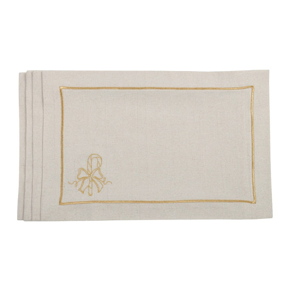 Embroidered candy cane motif detail on gold holiday placemat by Roseberry Home.