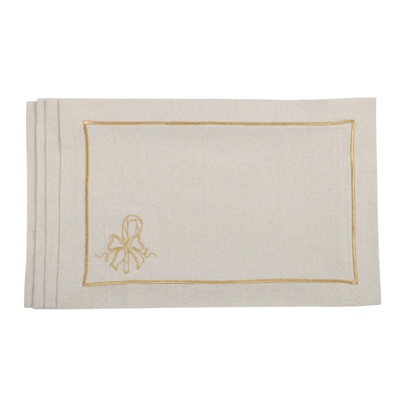 Embroidered candy cane motif detail on gold holiday placemat by Roseberry Home.