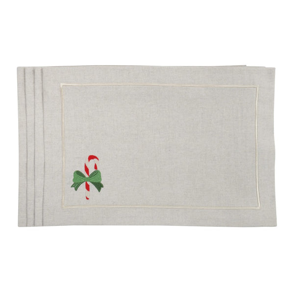 Beige cotton placemat with embroidered candy cane and gold border by Roseberry Home.