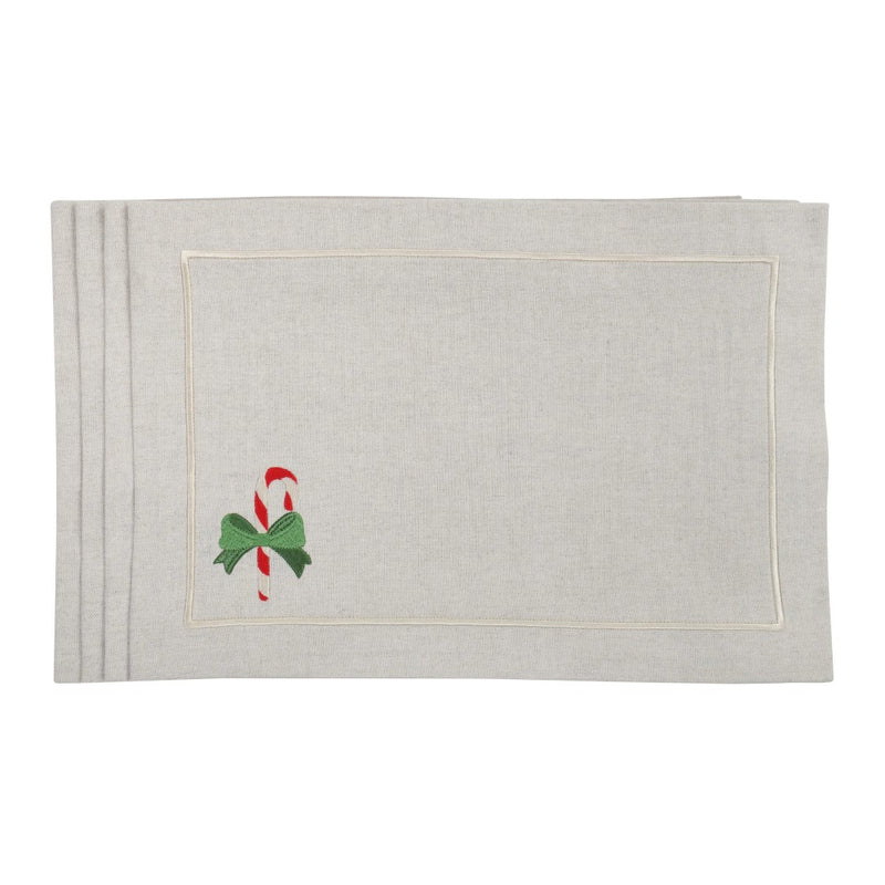 Beige cotton placemat with embroidered candy cane and gold border by Roseberry Home.