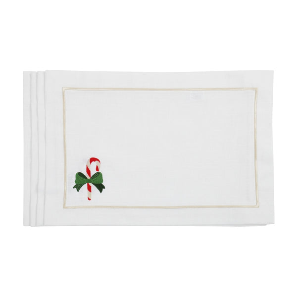 White cotton placemat with embroidered candy cane and gold border by Roseberry Home.