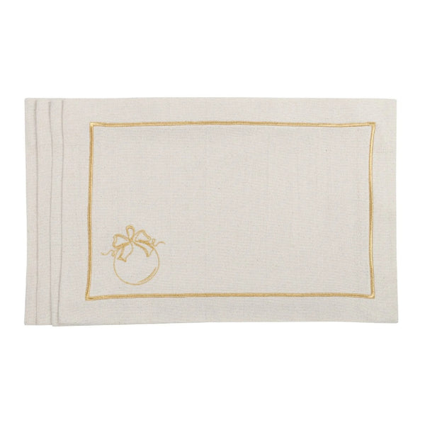 Embroidered bauble motif detail on gold holiday placemat by Roseberry Home.