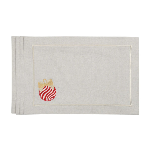 Beige cotton placemat with embroidered Christmas bauble and gold border by Roseberry Home.