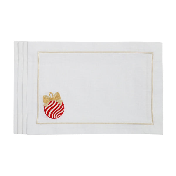 White cotton placemat with embroidered Christmas bauble and gold border by Roseberry Home.