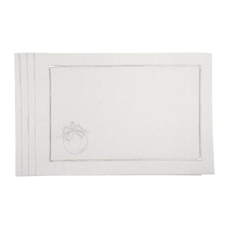 Silverline placemat with stitched border and bauble design.