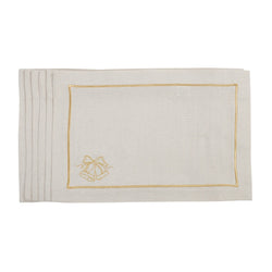 Embroidered Christmas bell detail on gold holiday placemat by Roseberry Home.