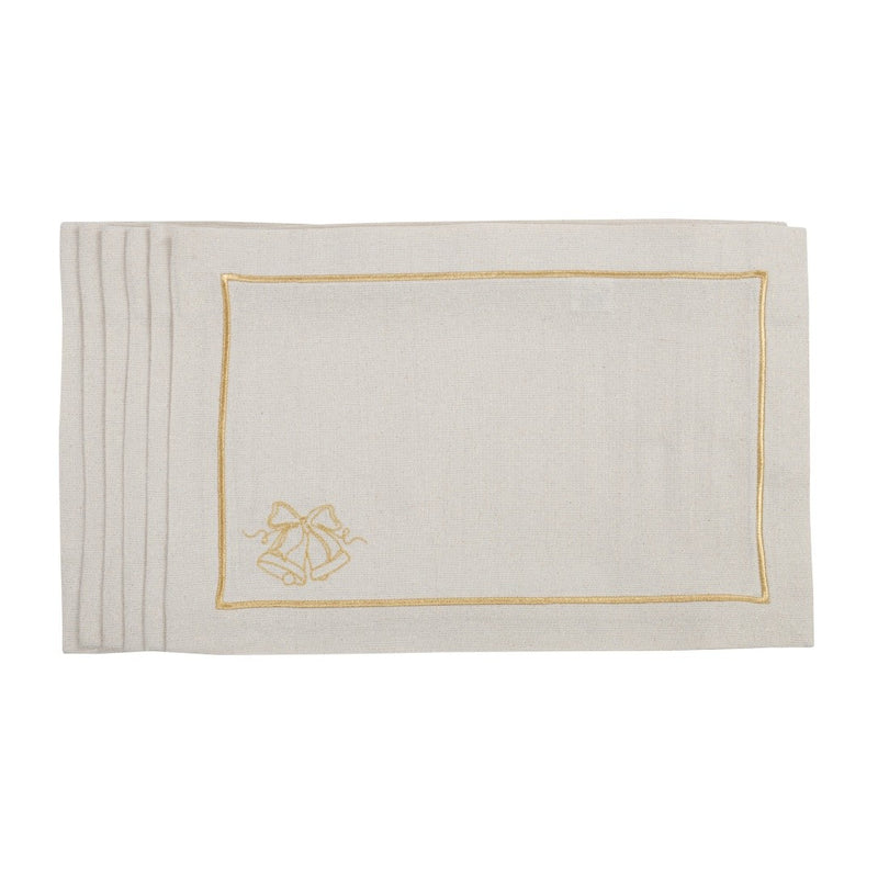 Embroidered Christmas bell detail on gold holiday placemat by Roseberry Home.