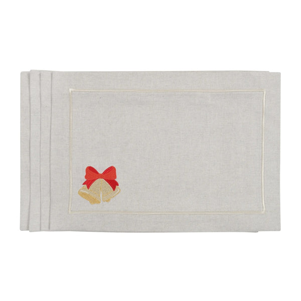 Beige cotton placemat with embroidered Christmas bell and gold border by Roseberry Home.