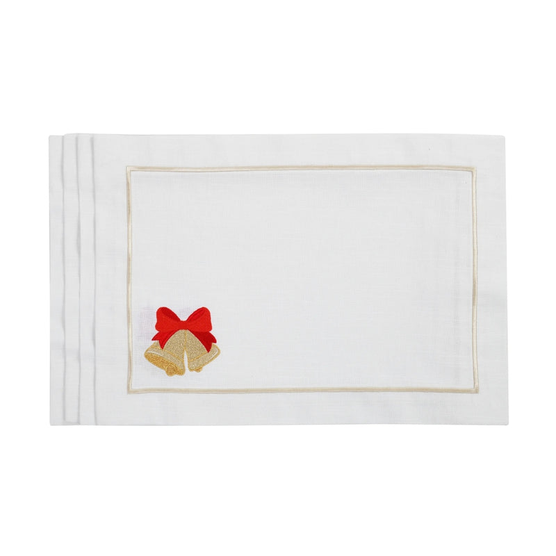 White cotton placemat with embroidered Christmas bell and gold border by Roseberry Home.
