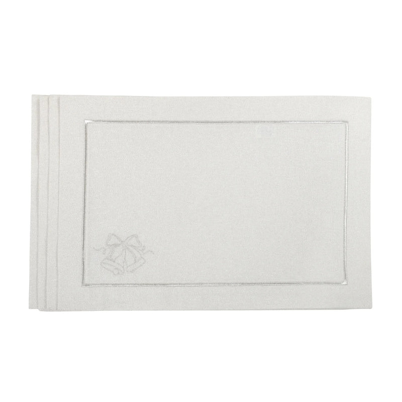 Silver placemat set with embroidered Christmas bells and border.