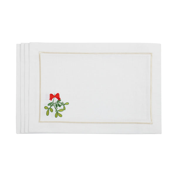 Rectangular white cotton placemat with stitched mistletoe motif by Roseberry Home.