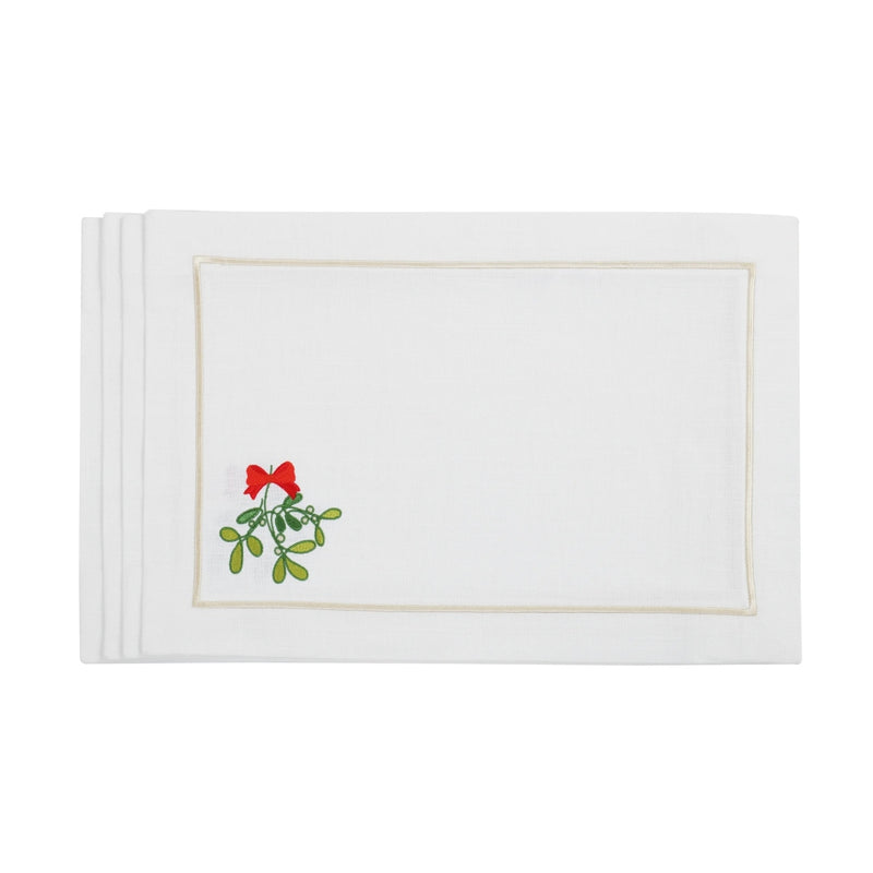 Rectangular white cotton placemat with stitched mistletoe motif by Roseberry Home.