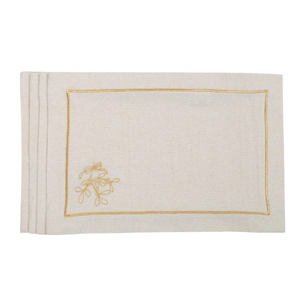 Embroidered mistletoe motif detail on gold holiday placemat by Roseberry Home.