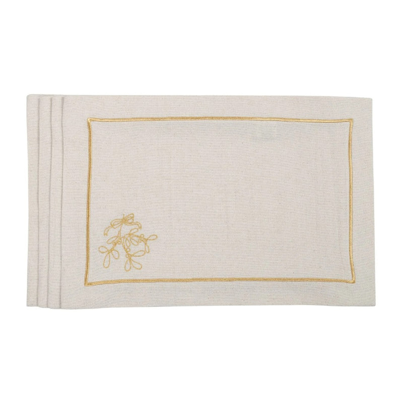 Embroidered mistletoe motif detail on gold holiday placemat by Roseberry Home.