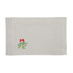 Beige cotton placemat with embroidered mistletoe and gold border by Roseberry Home.