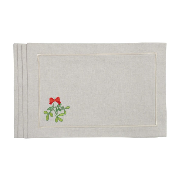 Beige cotton placemat with embroidered mistletoe and gold border by Roseberry Home.