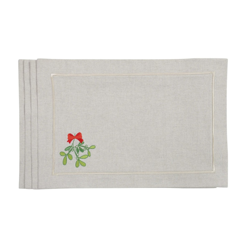 Beige cotton placemat with embroidered mistletoe and gold border by Roseberry Home.