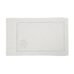 Silver placemat set with embroidered mistletoe and border.
