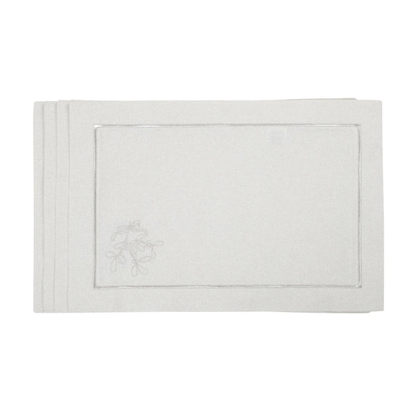 Silver placemat set with embroidered mistletoe and border.