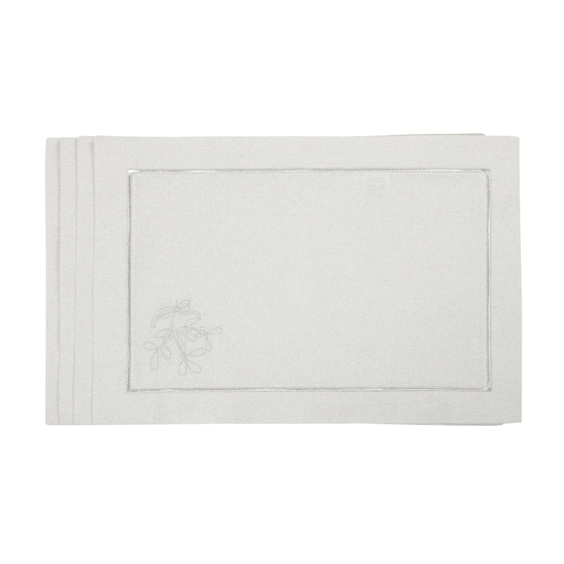 Silver placemat set with embroidered mistletoe and border.