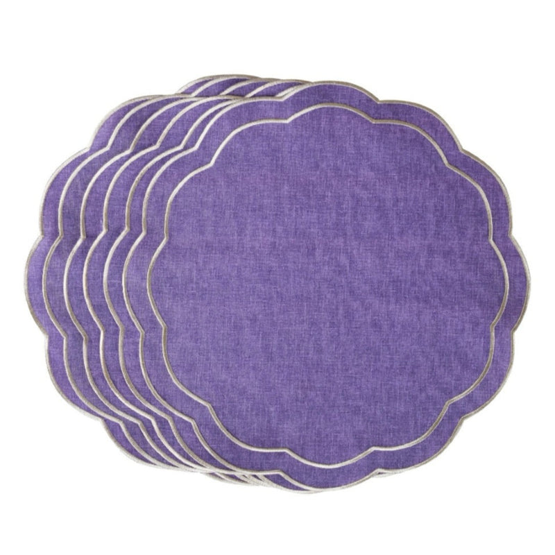 Purple Petali embroidered placemats in Italian cotton, luxury table linens.