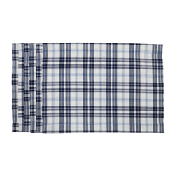 Cotton placemat with navy and light blue plaid on white background by Roseberry Home.