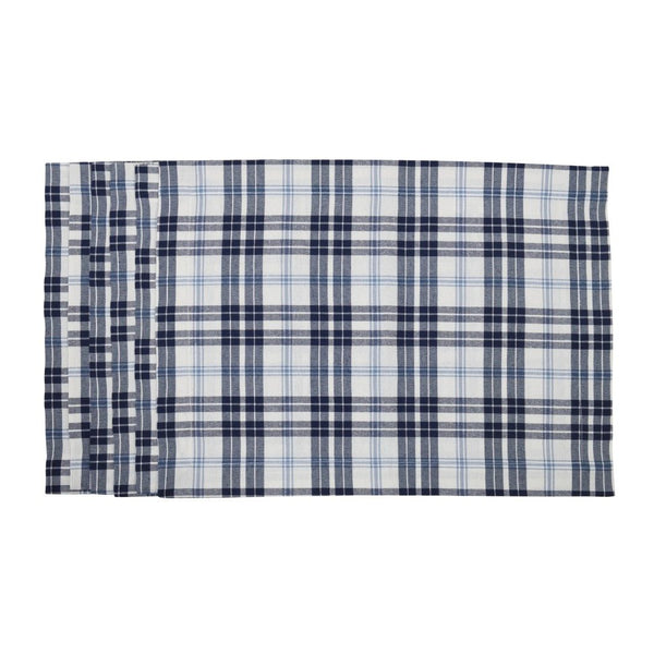 Cotton placemat with navy and light blue plaid on white background by Roseberry Home.
