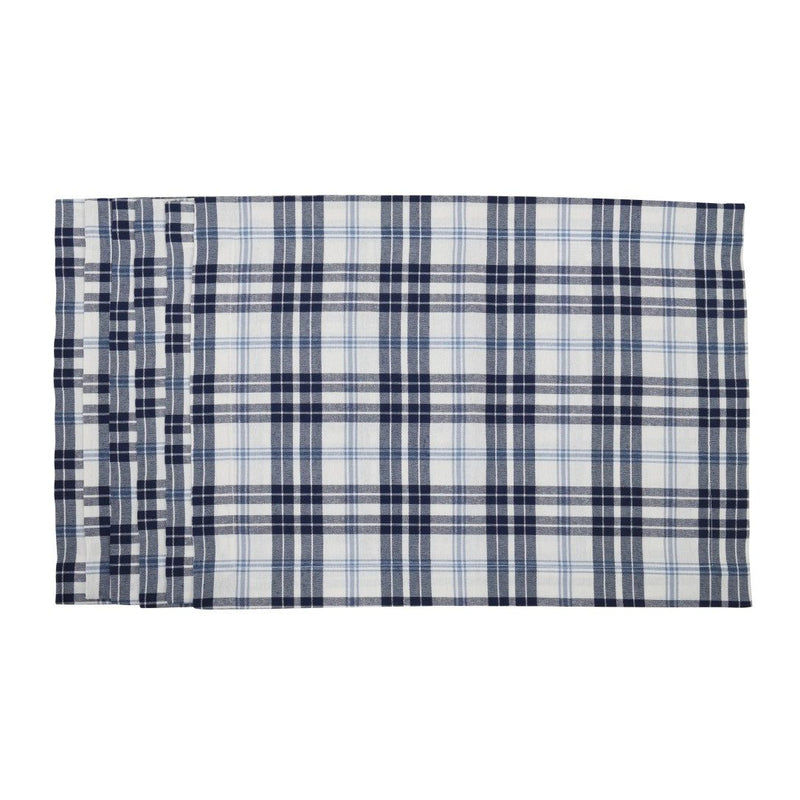Cotton placemat with navy and light blue plaid on white background by Roseberry Home.