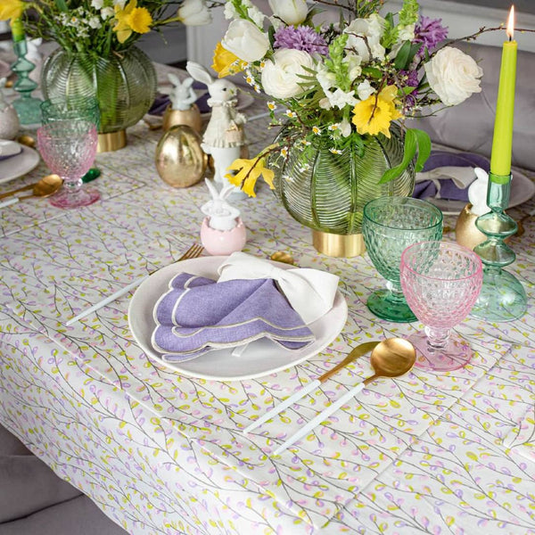 Purple Willow cotton placemat set with pastel catkins pattern on Ester tablescape.