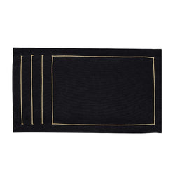 Black linen placemat with gold embroidered border by Roseberry Home.