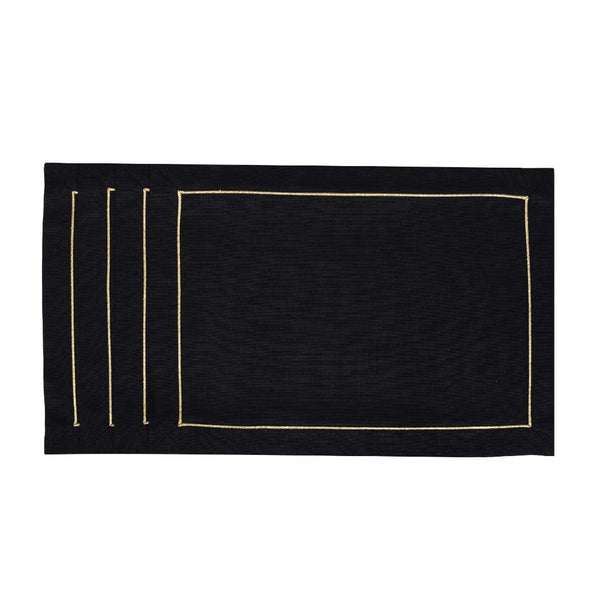 Black linen placemat with gold embroidered border by Roseberry Home.