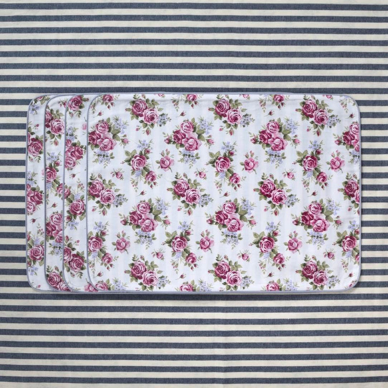 Double-sided cotton placemat with rose motif and green-beige stripes set of six.