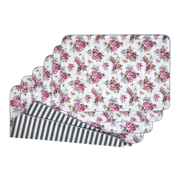 Double-sided cotton placemat with rose motif and green-beige stripes by Roseberry Home.