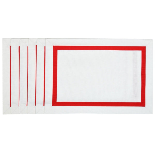 White cotton placemat with red stripe border by Roseberry Home.
