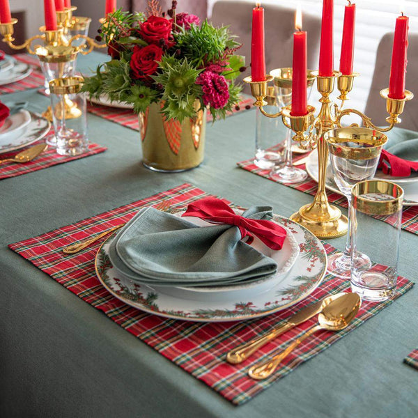 Red and green tartan placemat handmade from cotton fabric styled on classic Christmas tablescape.