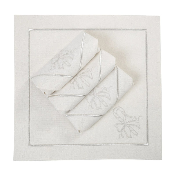 Folded napkin on a white background, showcasing the embroidered candy cane motif. 