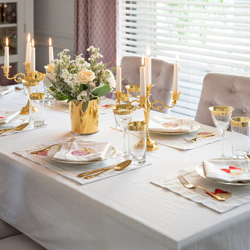Roseberry Home Bauble napkins with  folded on elegant Christmas table.