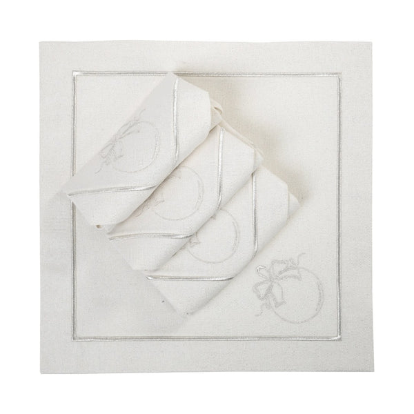 Luxury silver Christmas bauble embroidered napkins by Roseberry Home folded on white background.