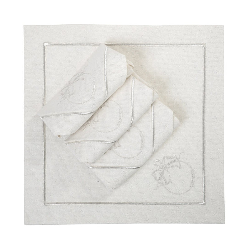 Luxury silver Christmas bauble embroidered napkins by Roseberry Home folded on white background.