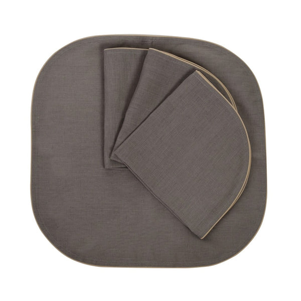 Set of six Royal Fango linen napkins in brown with beige piped edges on white background.