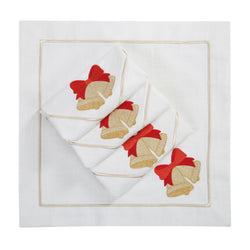 Roseberry Home Jingle Bells napkins with elegant Christmas bell motif folded on white background.