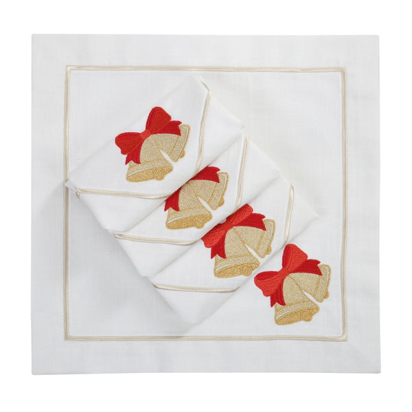 Roseberry Home Jingle Bells napkins with elegant Christmas bell motif folded on white background.